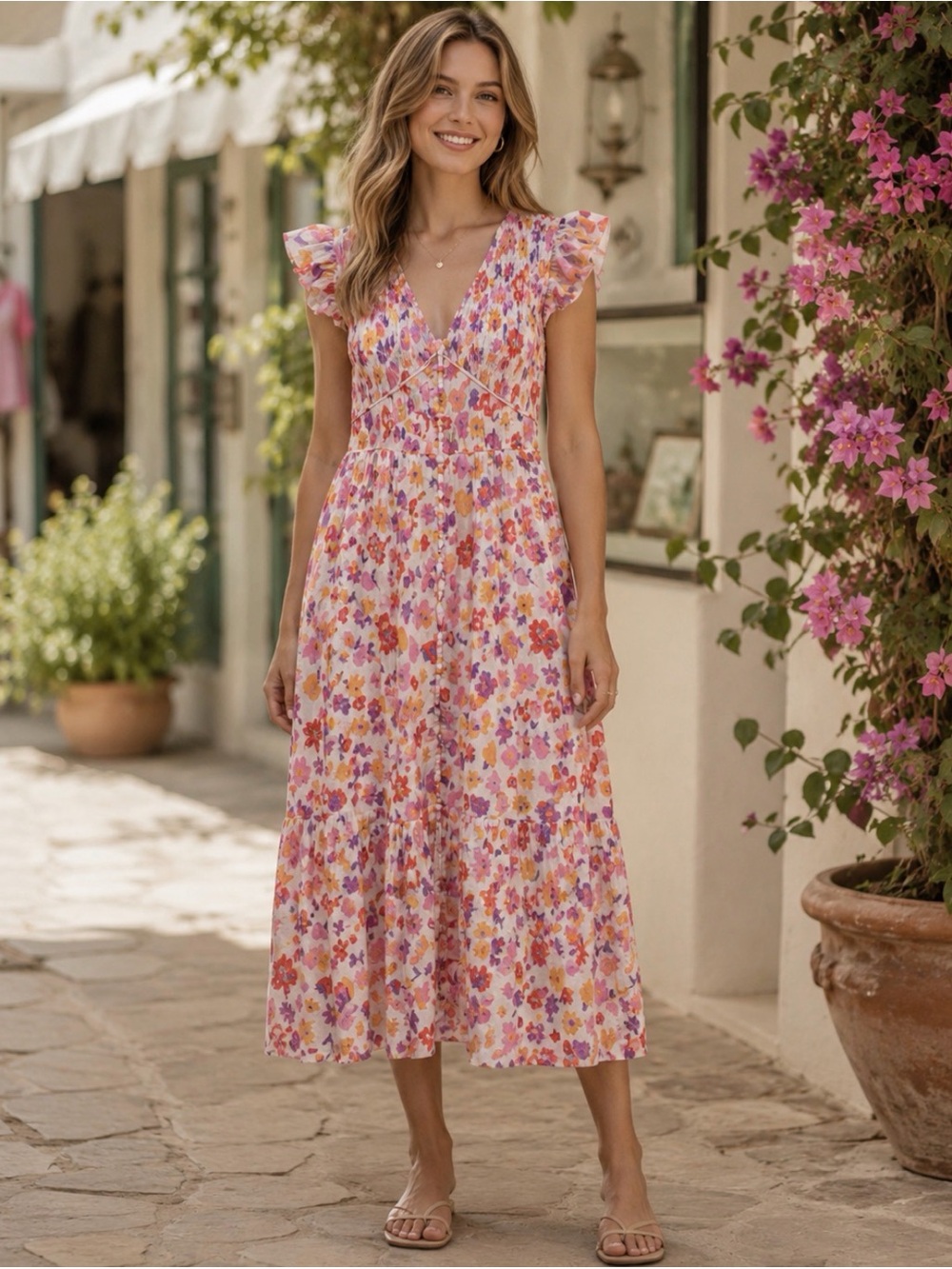 Fate Breezy Floral Midi Dress in Multicolor